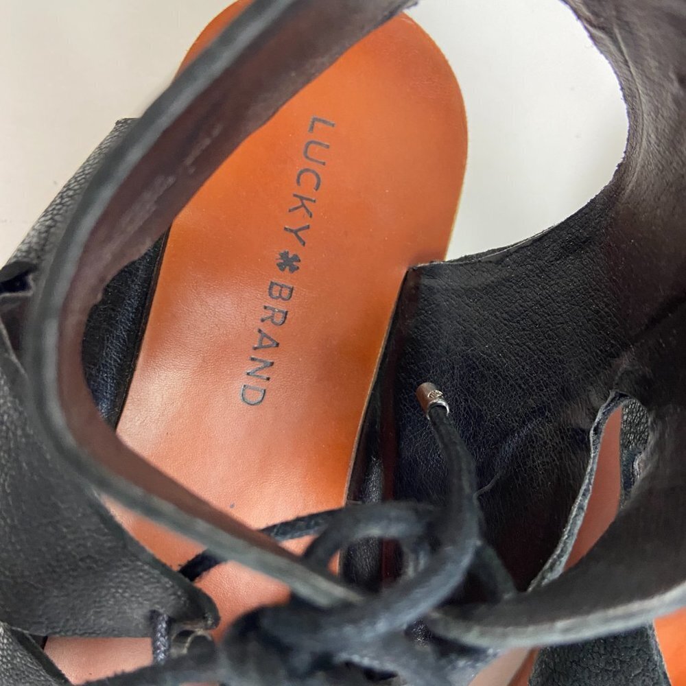 Lucky Brand  Black Leather Hipsta Gladiator Lace Up Wedge Sandals Size 10 - Picture 5 of 10
